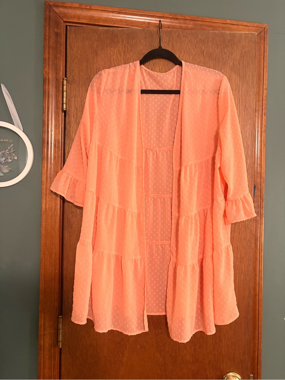 Peach Tiered Ruffled Open Kimono Sheer Textured Cardigan